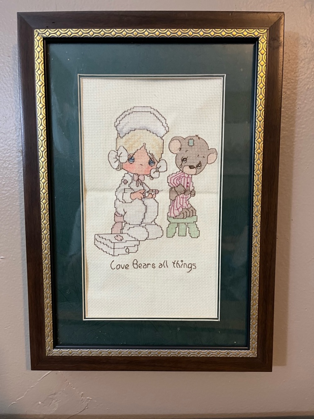 Vintage Framed Cross Stitch 'Love Bears All Things' - Pink & Green